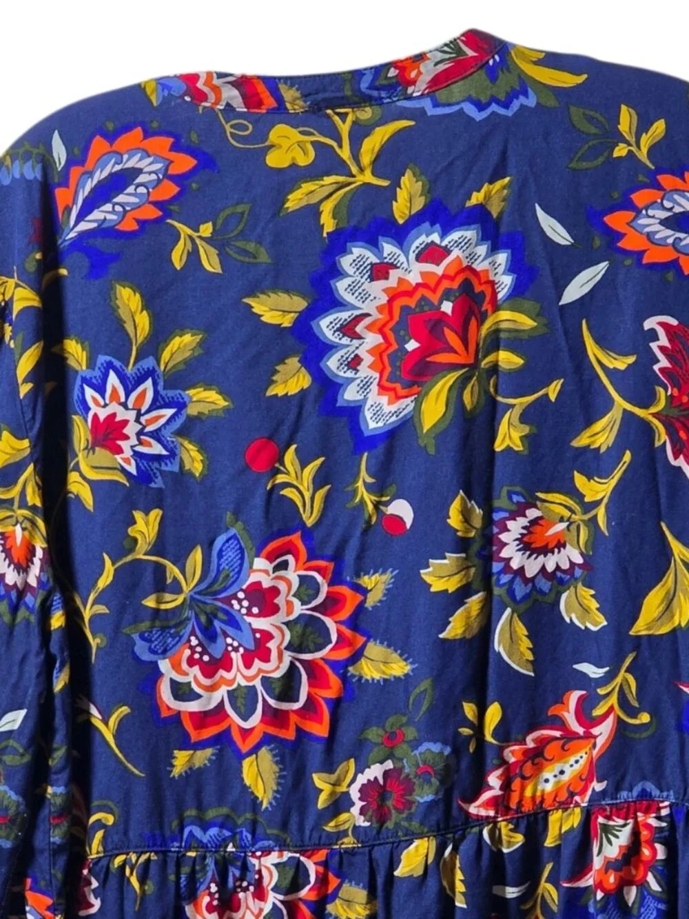 Old Navy Floral Boho Peasant Dress L Tall Blue Red Long Sleeve Pintuck Tie Neck